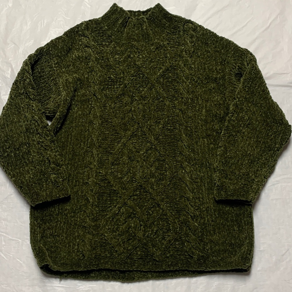 Express Tricot Vintage 90s Green Chenille Cable Knit Mock Neck Sweater Sz Lg